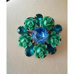 Vintage Gold Tone Glass Stone and Green Lucite Plastic Flowers Brooch Pin